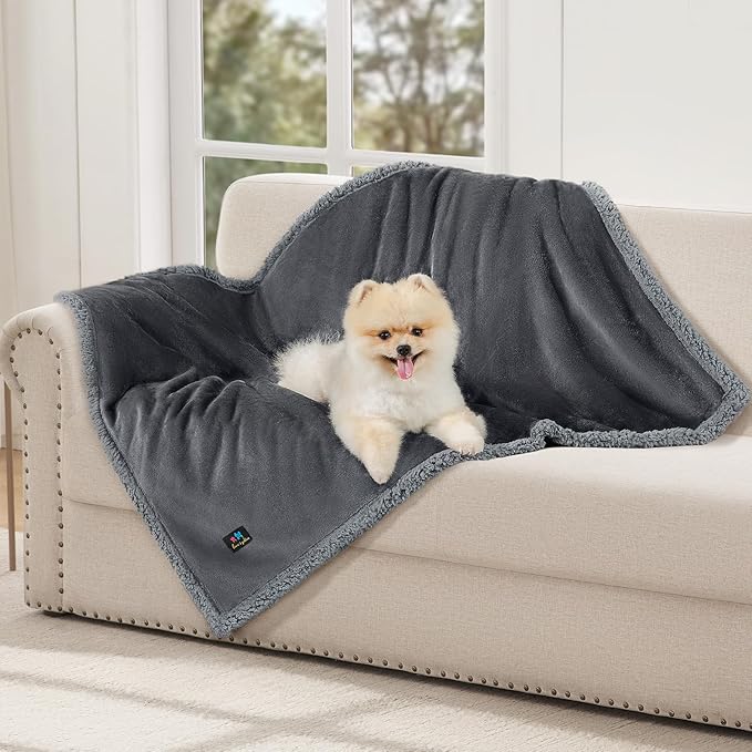 Luciphia Waterproof Bed Blanket Washable, Soft Sherpa Fleece Puppy Reversible Throw Blankets for Small, Medium Dog Cat, Furniture Cover Protector Couch from Liquid Pee and Pet Fur,Light Grey,57" x 40"