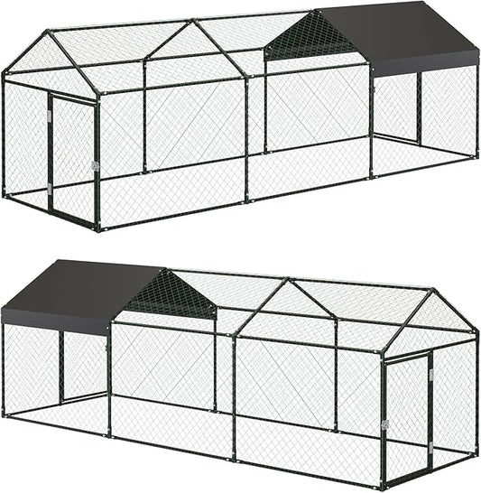 Metal Chicken Coop Run,Outdoor Walk-in Cage Peak Hen House with Waterproof and Anti-Uv Cover,Spire Roof Hen House with Security Lock for Outdoor,Backyard and Farm, 9.8 x 3.3 x 3.3 ft