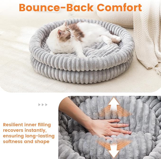 Extra Large Fluffy Cat Beds for Indoor Cats, Washable Round Orthopedic Dog Bed for Small Medium Dogs, Soft Fuzzy Pet Bed with Non-Slip Bottom, Cute Kitten Bed, 27.6x27.6x6.3 in, Gray