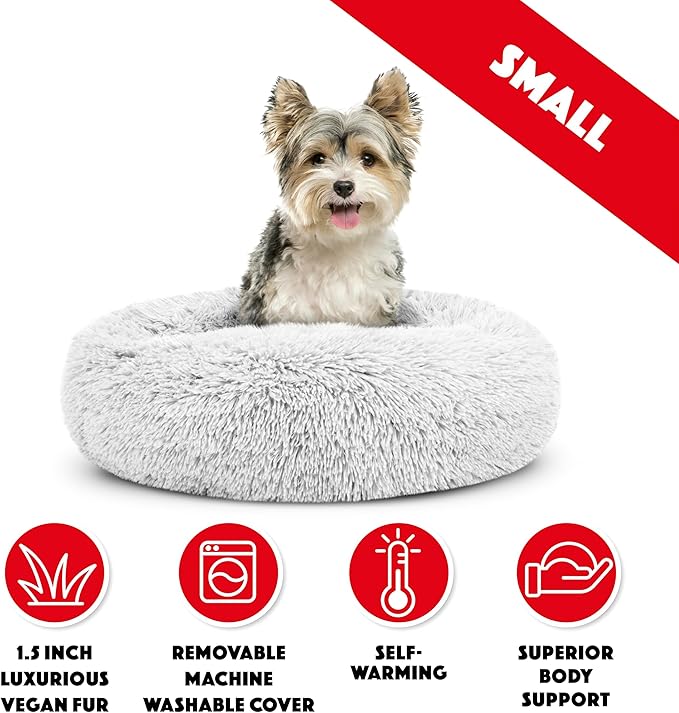 The Dog's Balls Sound Sleep Donut Dog Bed, Small Ice White Fur Calming Nest Bed
