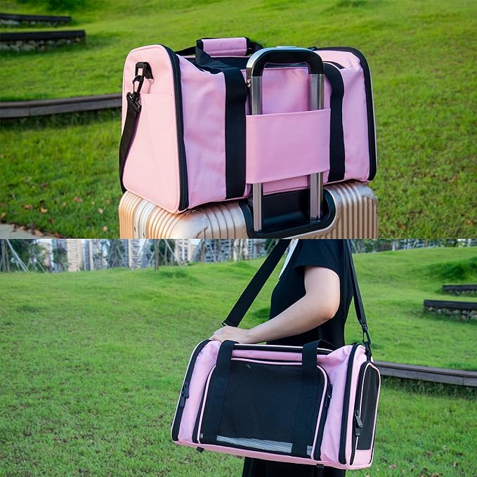 Soft Sided Carrier for Small Medium Cats Dogs,TSA Airline Approved Collapsible Travel Pet Carrier Medium Pink