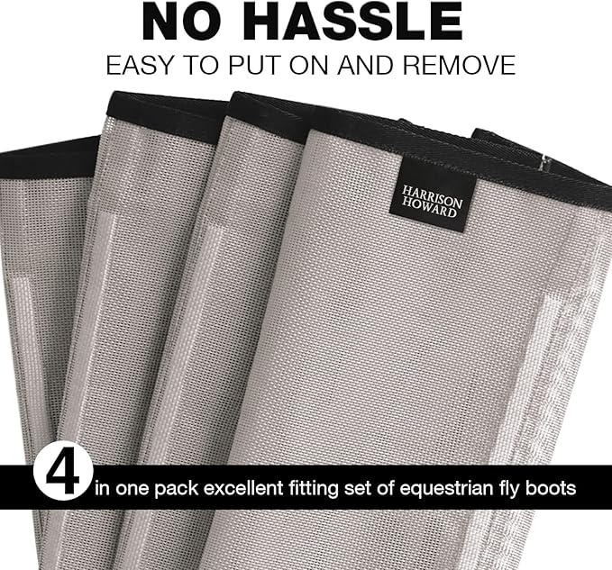 Harrison Howard Loose Fitting Fly Boots UV-Protective Extra Tough Mesh Ventilated Four Fasteners Stay-on Design Protect Horse Legs & Stomp-Reducing Set of 4 Original Grey Mini