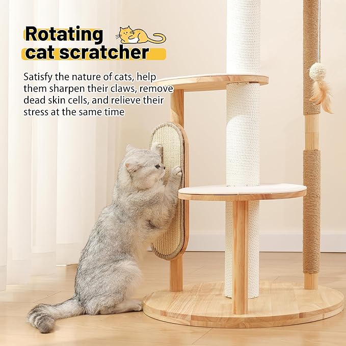 KVIDA Solid Wood Cat Tree 54.7" – Modern Floor Cat Tower for Large & Multiple Cats, Stable Rubber Wood Design with Hammock, Sisal Scratch Posts & Easy-Clean No-Carpet Platforms