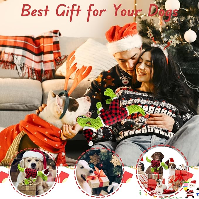 Christmas Squeaky Dog Toys, Xmas Interactive Plush Dog Toy for Large Dogs, Chew Toy to Keep Them Busy for Boredom, for Small Medium Large Dogs -Tyrannosaurus rex