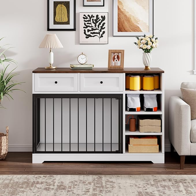 Dog Crate Furniture 47?? Large Dog Crate TV Stand with 2 Drawers and 4 Shelves, Wooden Dog Kennel Indoor, Decorative Dog Cage with Storage for Large Dogs, White
