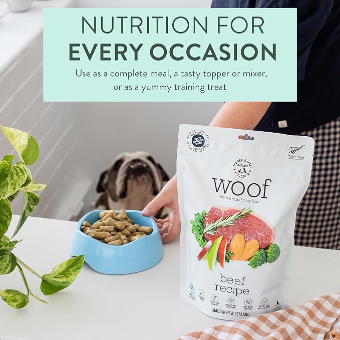 The New Zealand Natural Pet Food Co WOOF Freeze Dried Dog Food - Beef Recipe, High Protein Freeze Dried Dog Treats, Dog Food Topper & Meal, 2.2 lb