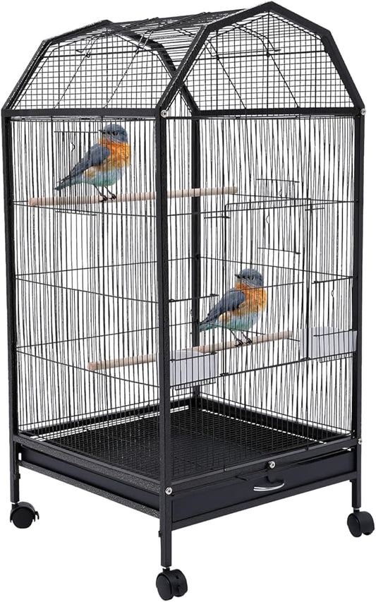 Large Bird Cage with Stand, “18 x 18 x 40” Black Metal Flight Bird Cage for Parrots, Cockatoos, Parakeets, and Small Birds, 5 Doors and Wheels, Includes Feeding Cups