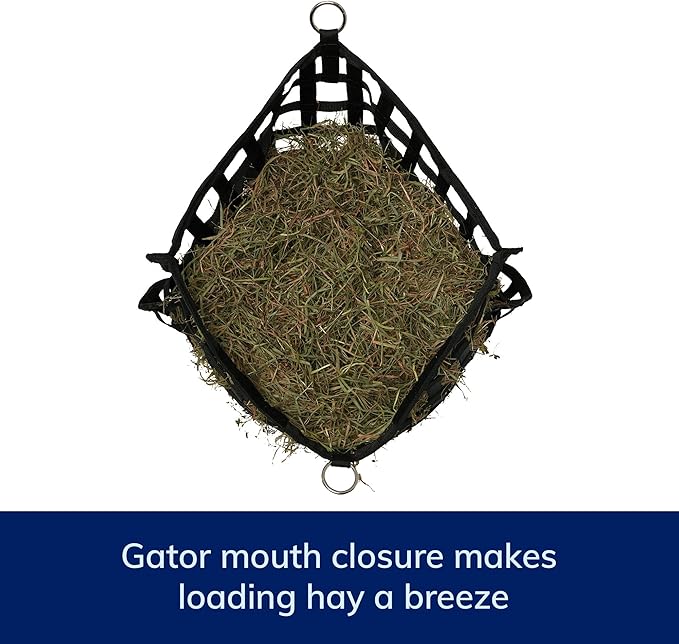 SmartEquine Slow Feed Hay Bag for Horses | Hay Feeder Net with Resistant Nylon | Gator Mouth Enclosure for Easy Loading | Fits 10-15 lbs of Hay | 4 Flakes Bag | 37" x 30" | Black | 1.5" Holes