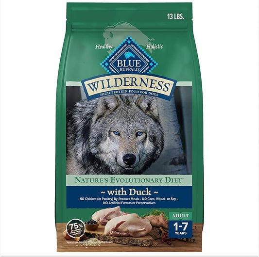 Blue Buffalo Wilderness Natural High-Protein Dry Food for Adult Dogs, WITH WHOLESOME GRAINS, Duck, 13-lb Bag