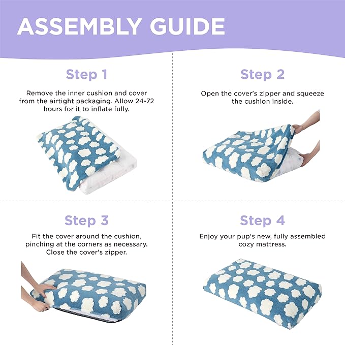 LE SURE Dog Beds Large Sized-Thick Shredded Chopped Foam Pet Bed Indoor with Removable Cover, Cute Modern Fuzzy Plush & Anti Slip Bottom, Purple