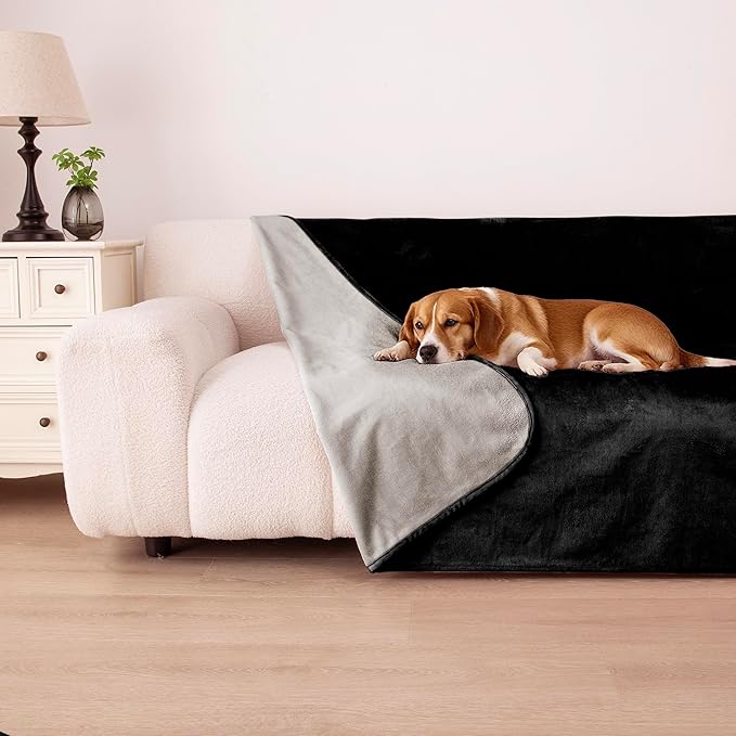 Waterproof Dog Blanket for Couch, Reversible Pet Throw Blankets Leak Proof Sofa Bed Protector for Furniture Machine Washable-68x82,Black+Lightgrey
