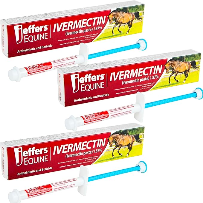 Jeffers Ivermectin Gel Dewormer for Horses - Apple Flavored, 1.87% Broad Spectrum Dewormer Paste with Syringe - Effective Parasite Control for Worms,Pinworms,Bots-Safe for Equine of All Ages-(3 Pack)