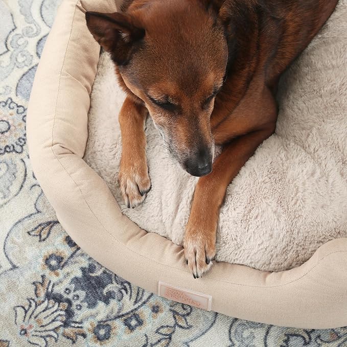 TOWN & COUNTRY EVERYDAY CuddleTown Faux Linen Comfy Cozy Cuddler Pet Bed, Supportive & Calming, Non-Slip Bottom, Machine Washable Cover, Beige, XS 20"x14"x6"