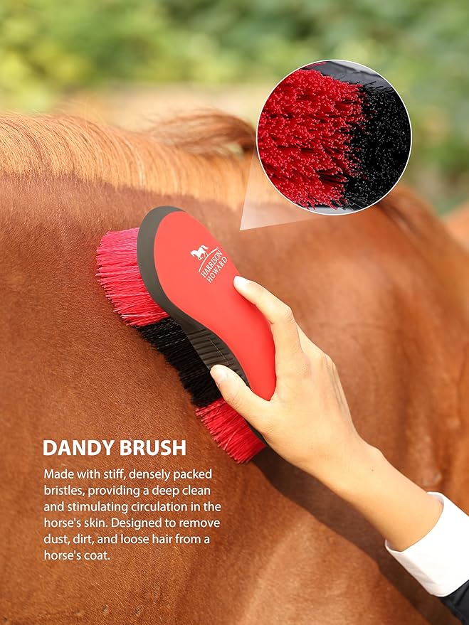 Harrison Howard 7 Pieces Horse Grooming Kit Horse Bathing Supplies Brushes for Grooming with Convenient Organizer Tote Red