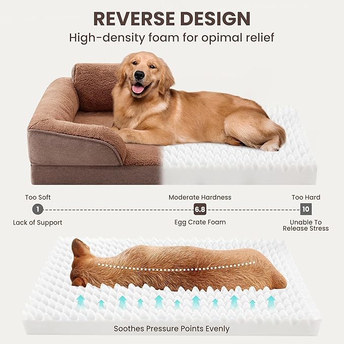Orthopedic Dog Beds for Medium Size Dogs, Waterproof Egg-Crate Foam Pet Couch Bed with Soft Sides, Non-Slip Dog Sofa with Fleece Removable Washable Cover, 35" L Supportive Pet Sofa, Brown