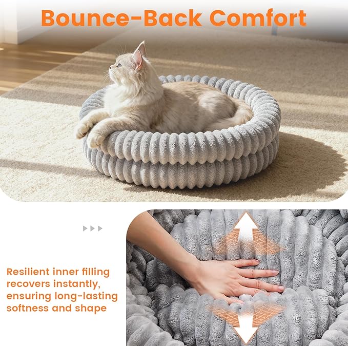 Fluffy Cat Beds for Indoor Cats, Washable Round Orthopedic Kitten Bed, Ultimate Soft Fuzzy Pet Bed for Small Dogs with Non-Slip Bottom, 19.7x19.7x6.3 in, Gray