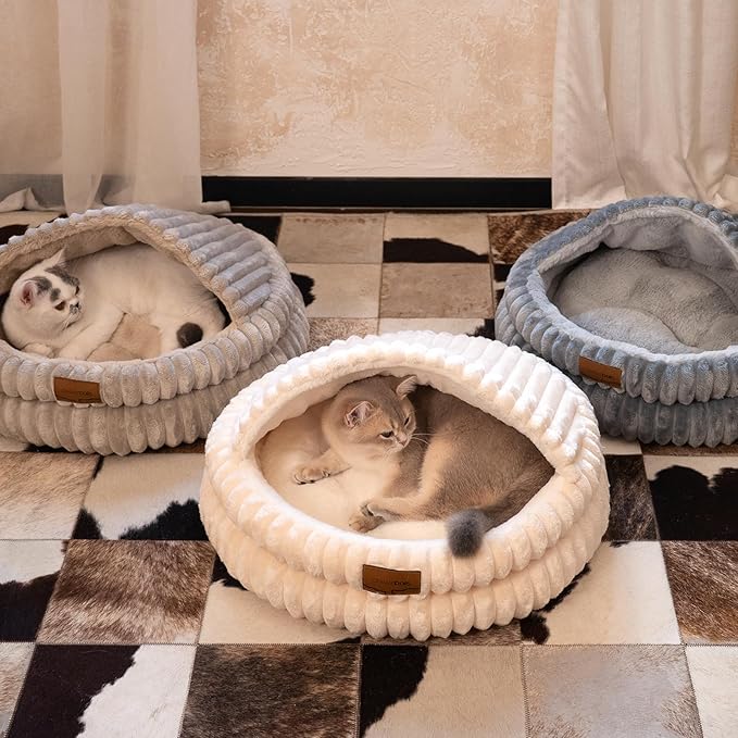 CHEERPALS Cat Bed for Indoor Cats, Washable Round Cat Bed Soft Fluffy Pet Bed for Kitty, Puppy and Small Dog(White)