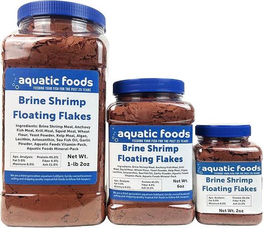 Aquatic Foods Inc. Brine Shrimp Flakes for All Freshwater Fish, All Marines, Tangs, Butterflies, Angelfish, Anthias, Clown Fish Also Pellet Mix, Wafer Mix Included…1-lb 2oz Jar
