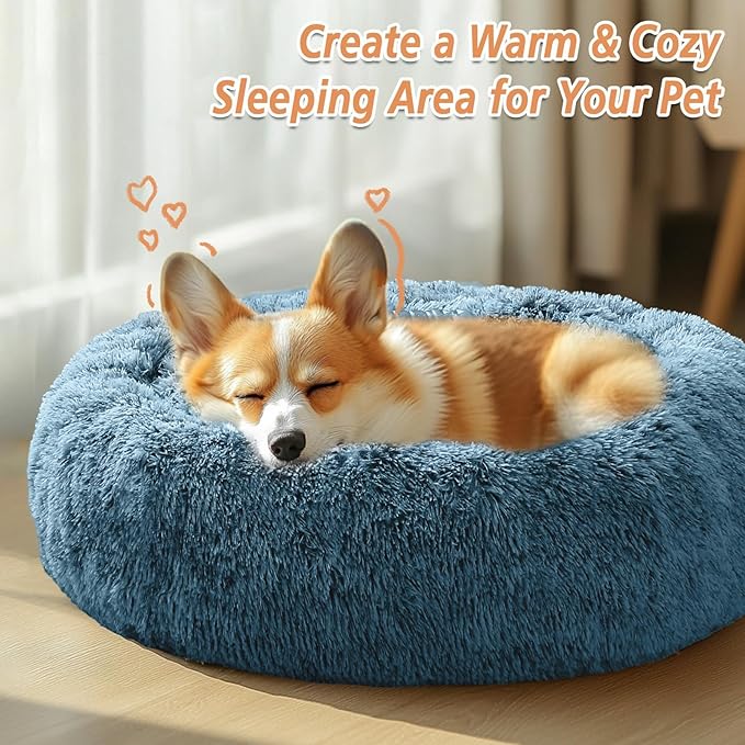 JOLLYVOGUE Calming Dog & Cat Bed for Small Dogs, Anti-Anxiety Donut Cuddler Cozy Soft Round Bed with Anti-Slip Bottom, Fluffy Faux Fur Plush Cushion Beds for Small Pets (20")