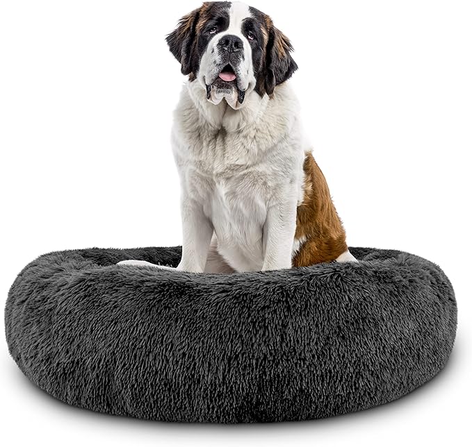 The Dog’s Bed Sound Sleep Donut Dog Bed, XXL Grey Fur Calming Nest Bed Removable Cover