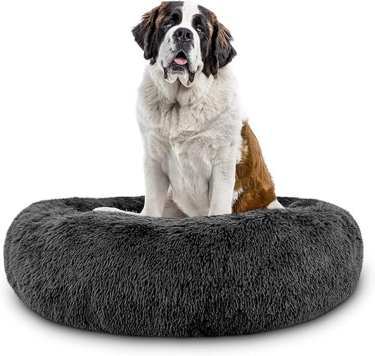 The Dog’s Bed Sound Sleep Donut Dog Bed, XXL Grey Fur Calming Nest Bed Removable Cover