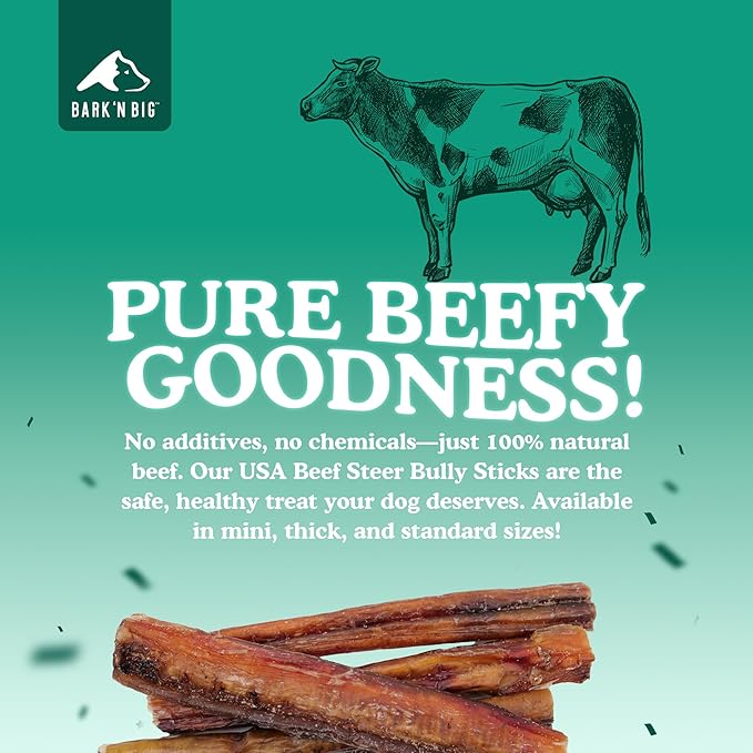 BARK'N BIG Thick Steer Sticks for Dogs - Chew Stick for Dogs, Odor Free Pizzle Sticks, Bully Chews Made in USA & Sourced in The USA - 5-6 Inch - 12 Ct