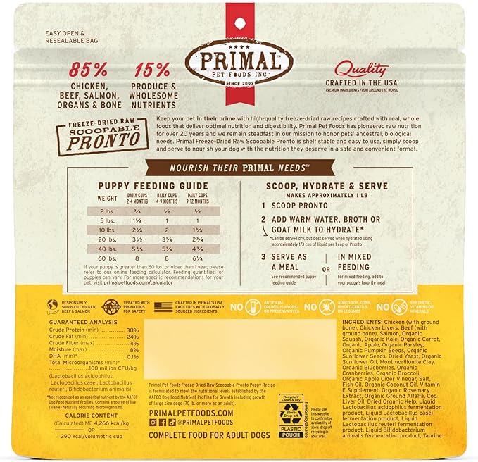 Primal Freeze Dried Puppy Dog Food, Pronto Mini Nuggets; Scoop & Serve, Complete & Balanced Meal; Also Use As Topper or Treat; Premium, Healthy, Grain Free, High Protein Raw Dog Food (16 oz, 2-Pack)