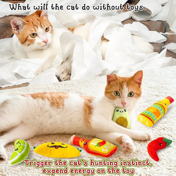 L1rabe Mexican Catnip Stuffed Toys - Christmas 6Pcs Funny Cat Toys for Cat Lovers Gifts, Carnival Sause Avocado Winter Indoor Kitten Chew Bite Kick Interactive Pet Supplies Kitten Xmas Birthday Gifts