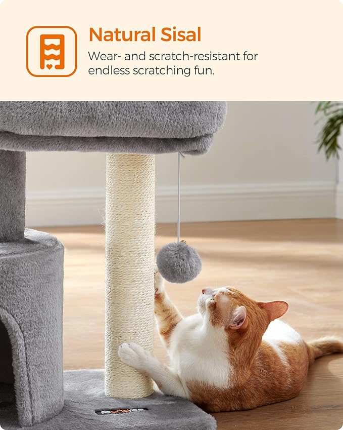 Feandrea Cat Tree Tower with Sisal Scratching Post, Cat Condo with Padded Perch, for Small Spaces, Kittens, Light Gray UPCT50W