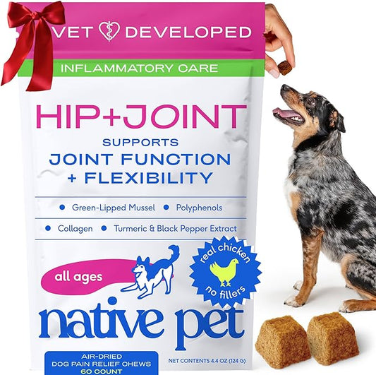 Native Pet Pain Relief for Dogs - Collagen for Dogs Promotes Joint Health, Reduce Inflammation & Stiffness - Senior Pup Joint Supplement - Natural Pain Reliever for Active & Aging Pets - 60 Chews