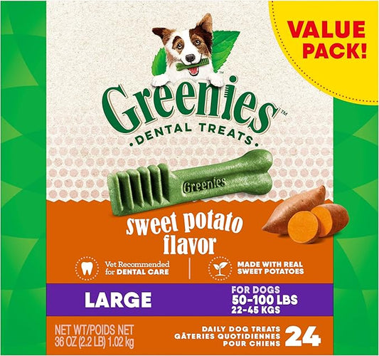 Greenies Large Dental Dog Treats, Sweet Potato Flavor, 36 oz. Pack (24 Treats)
