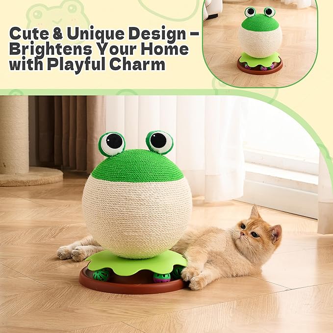 3-in-1 Modern Cat Ball Scratcher & Cat Toys for Indoor Cats/Kittens, Cute Orange/Frog/Bee Design with Bell Ball Track, Natural Sisal Cat Scratching Post, Space-Saving Interactive Cat Scratcher