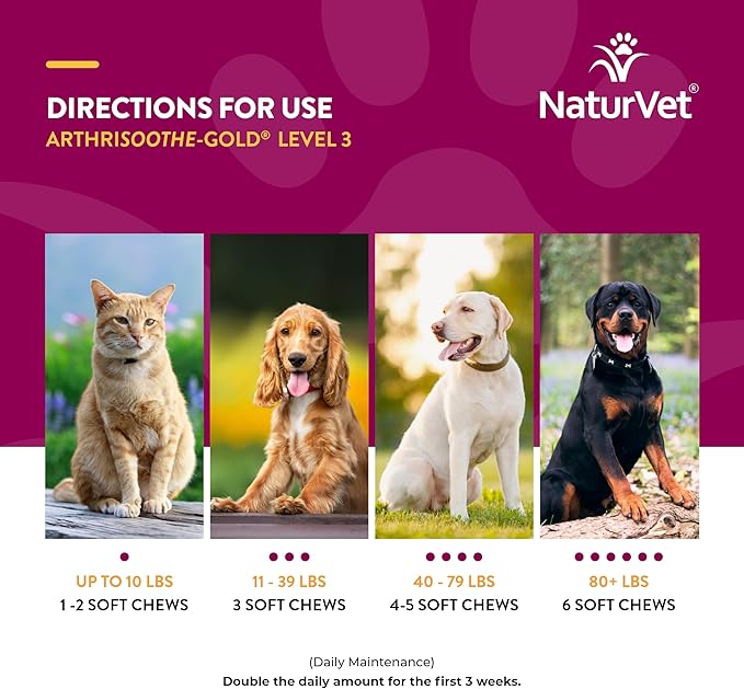 NaturVet ArthriSoothe-Gold Level 3 Advanced Joint Care for Dogs – Soft Chew Dog Supplement with Glucosamine, MSM, Chondroitin & Hyaluronic Acid – Wheat-Free Pet Supplements – 70 Ct.