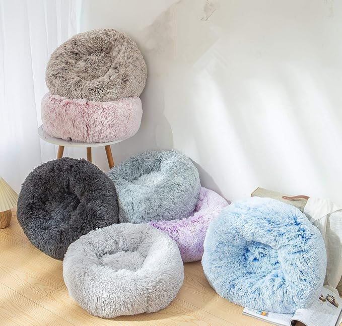 Dog Bed Large, Soft Round Cuddler Dog Beds Fluffy Plush Faux Fur Pet Beds, Anit-Anxiety Self-Warming Comfy (28", Purple)