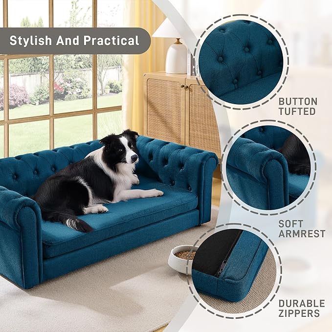 Dog Sofa Couch for Medium to Large Dogs, 55" Memory Foam Pet Sofa Couch with Washable Fabric, Durable Elevated Dog Bed with Legs, Removable Cushion for Medium Dogs, Blue