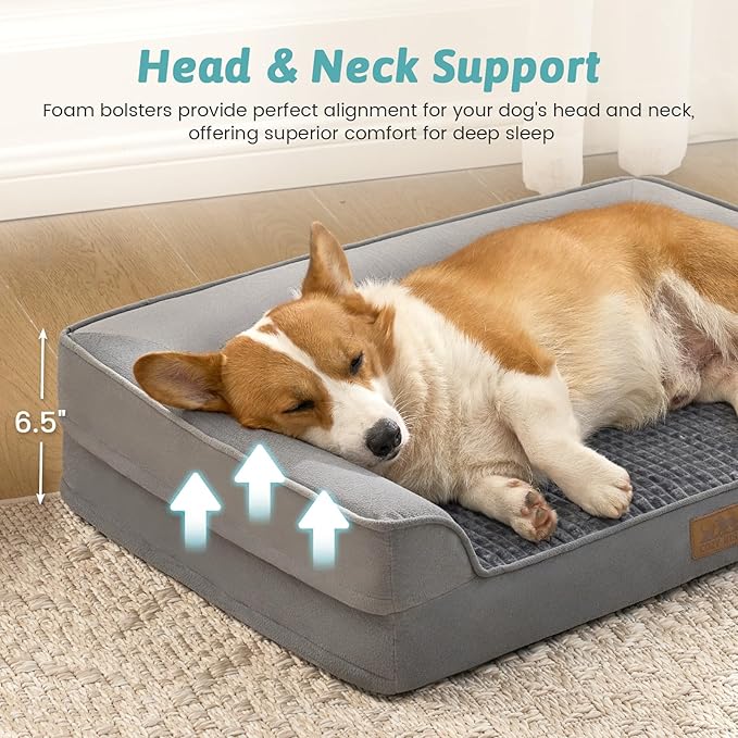 Orthopedic Dog Bed for Medium Size Dogs, Bolster Pet Couch with Waterproof Lining, Egg Crate Foam Sofa for Pets Up to 30 lbs, U-Shaped, 30x20x6.5 inch, Grey