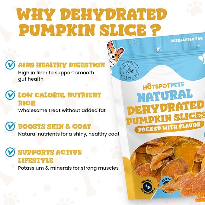 hotspot pets Dehydrated Natural Pumpkin Slices for Dogs- Crunchy Treats- 2lb Value Bag, All-Natural - High Protein, Great for Sensitive Stomachs, Low Fat, A Healthy Rawhide Alternative for All Dogs