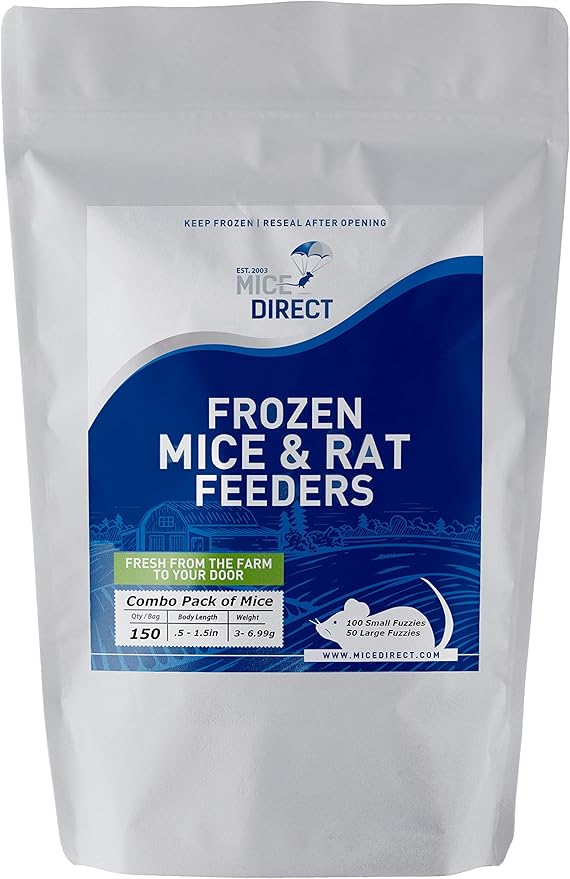 MiceDirect EST. 2003 150 Frozen Mice Combo Pack of Small Fuzzies and 50 Fuzzies Feeders Snake Food for Corn Snakes Ball Pythons Lizards (.5-1.5 in)(500 Grams Min)