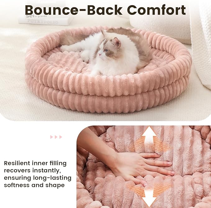 Extra Large Fluffy Cat Beds for Indoor Cats, Washable Round Orthopedic Dog Bed for Small Medium Dogs, Soft Fuzzy Pet Bed with Non-Slip Bottom, Cute Kitten Bed, 27.6x27.6x6.3 in, Dark Pink