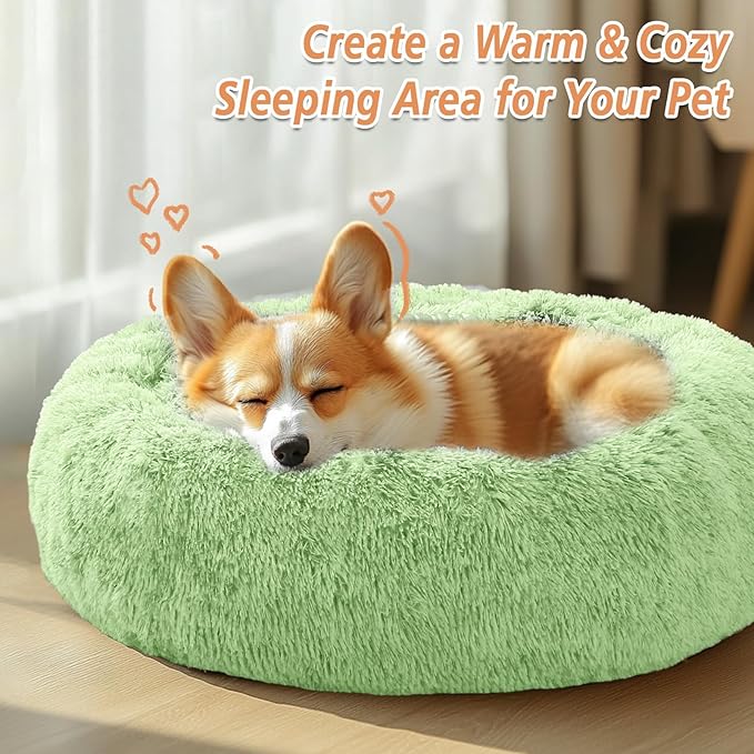JOLLYVOGUE Calming Dog & Cat Bed for Small Dogs, Anti-Anxiety Donut Cuddler Cozy Soft Round Bed with Anti-Slip Bottom, Fluffy Faux Fur Plush Cushion Beds for Small Medium Pets (20")