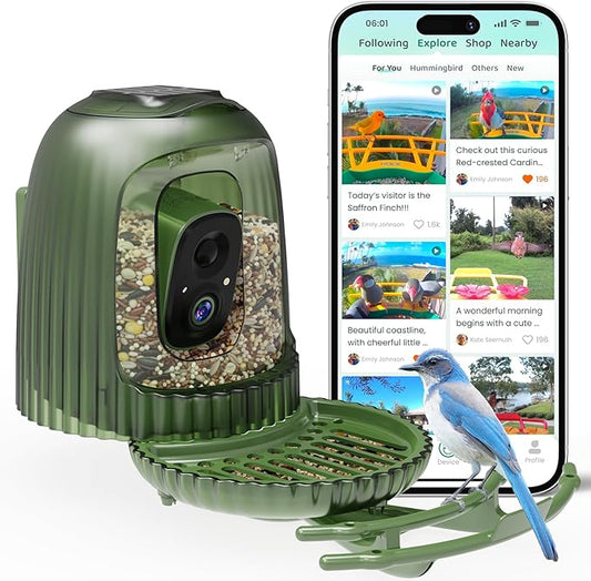 HIXX Smart Bird Feeder with Camera, AI Bird Identifier & 4MP Color Night Vision, Exclusive Vertical View Mode, Squirrel-Deterrent Design, Solar Light for Nature Lovers (White Light)