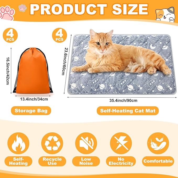 Riakrum 4 Pack Self Warming Cat Mat Heating Cat Bed 24" x 18" Thermal Dog Self Warming Pad Pet Heating Pad Non Slip Bottom Washable with Storage Bag for Indoor Outdoor Kitten Pet(24 x 35 Inches)