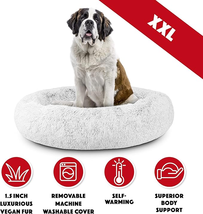The Dog’s Bed Sound Sleep Donut Dog Bed, XXL Ice White Fur Calming Nest Bed Removable Cover