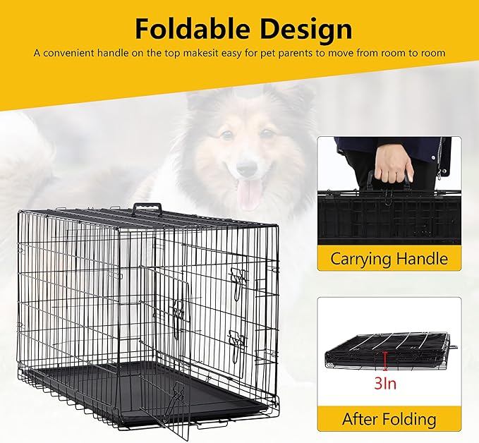 Furniture of America Yucca Metal Double Door Folding Wire Pet Crate with Divider, Removable Tray, and Handle for Outdoor and Indoor Medium Dog, 48-inch, Black