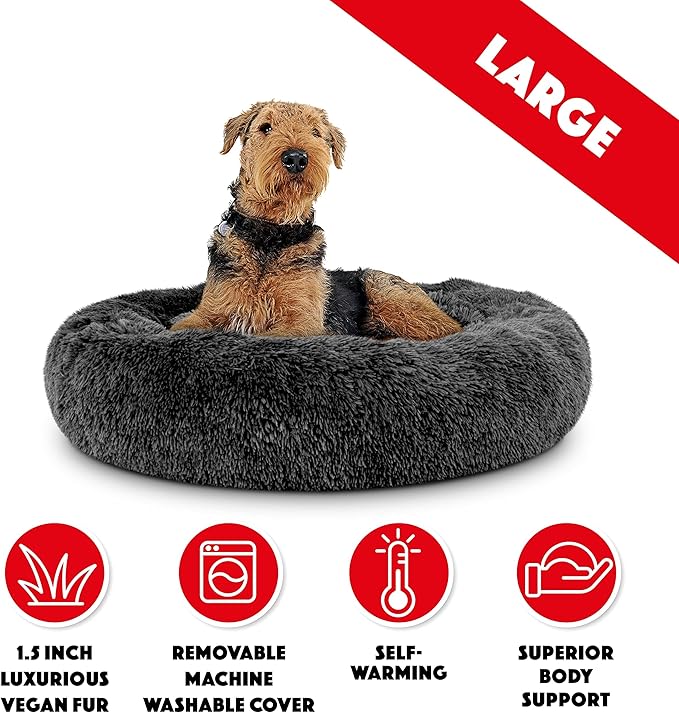 The Dog's Balls Sound Sleep Donut Dog Bed, Grey Plush Large Removable Cover Calming Nest Bed