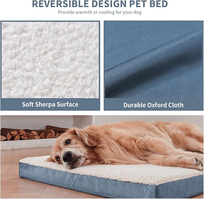 Orthopedic Dog Crate Bed for Extra Large Dogs, XXL Waterproof Comfort Pet Bed with Egg Crate Foam 47x29 Inch, Removable Oxford Cooling Cover, Blue White