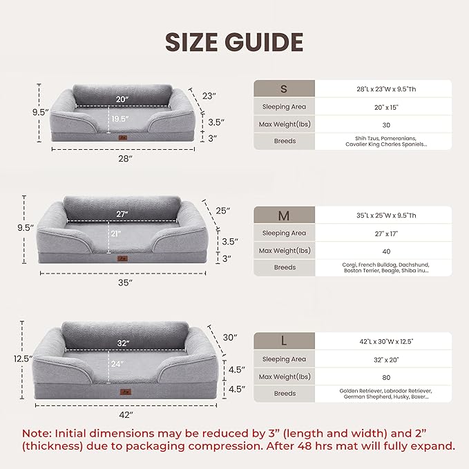 Orthopedic Dog Beds for Medium Size Dogs, Waterproof Egg-Crate Foam Pet Couch Bed with Soft Sides, Non-Slip Dog Sofa with Fleece Removable Washable Cover, 35"L Supportive Pet Sofa, Light Grey