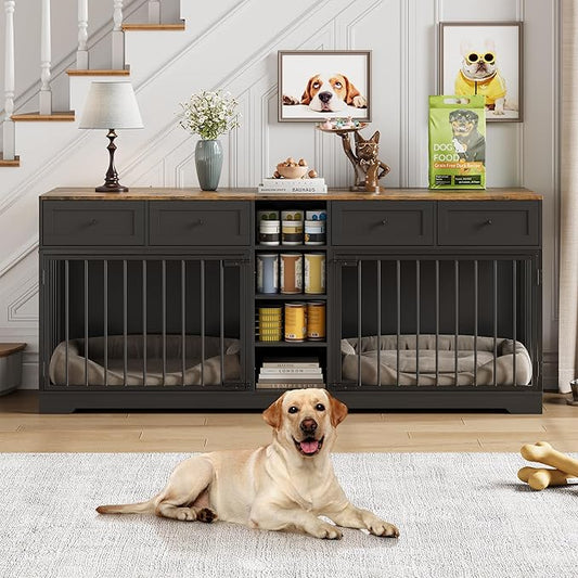 82??Double Dog Crate Furniture, Large Dog Kennel Indoor for 2 Dogs, Heavy Duty Wooden Dog Crate TV Stand with 4 Drawers and Shelves, Black