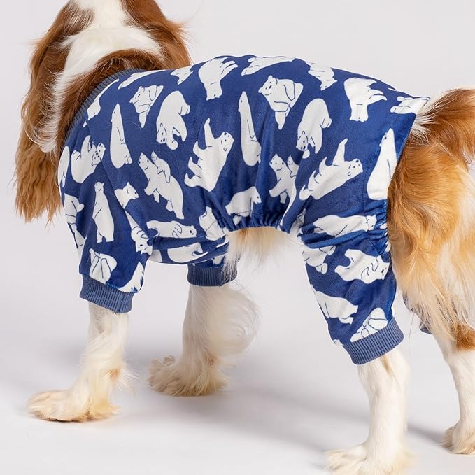 Fitwarm Polar Bear Dog Pajamas, Dog Clothes for Small Dogs Girl Boy, Pet Onesie with Feet, Cat Outfit, Lightweight Velvet, Royal Blue, White, Medium