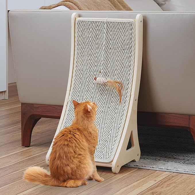 PETKARAY Curved Cat Scratcher, Sisal Kitty Scratching Ramp, L Shape Scratch Pad for Indoor Cats, 25.6" Furniture Protector with Mouse Toy, Chevron Style